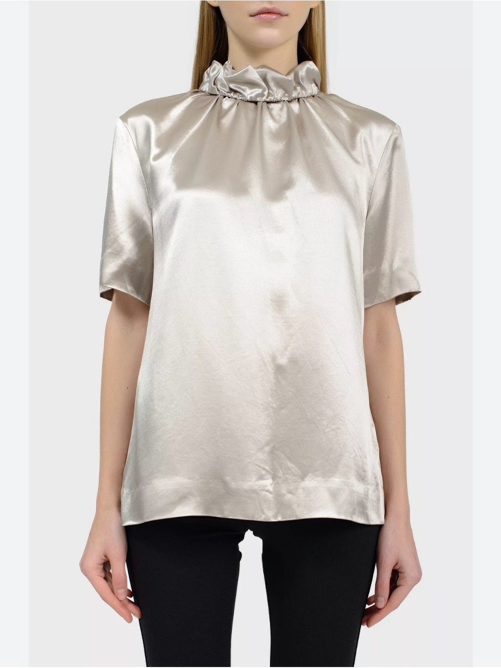 COS Silver Satin Ruffle-Neck Short Sleeve Blouse